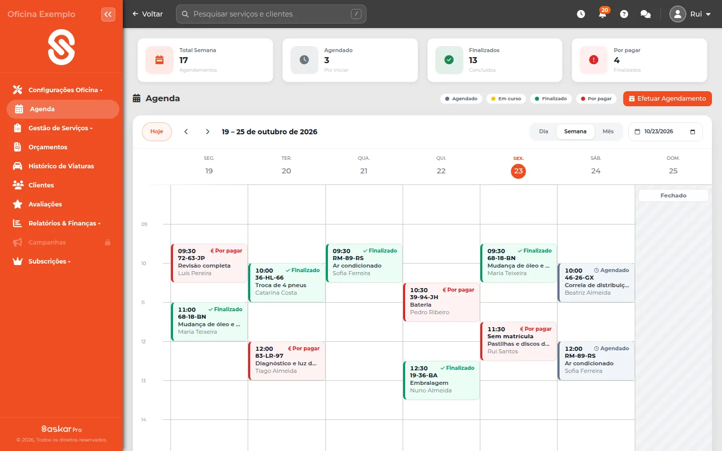 Agenda da oficina na SasKar com os agendamentos da semana