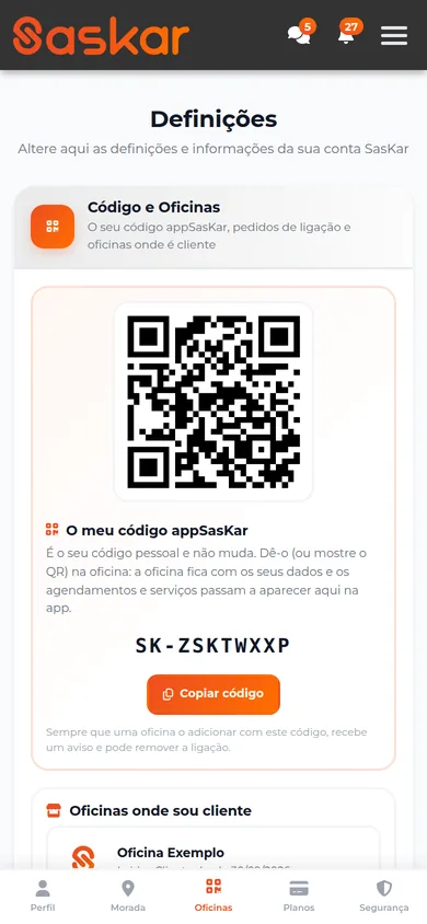 Código appSasKar com QR no telemóvel