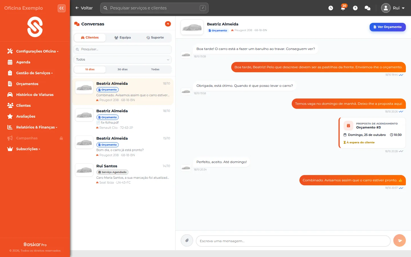 Conversa entre a oficina e um cliente na SasKar